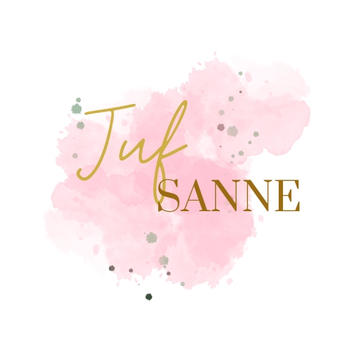 een roze verfvlek met de tekst 'Juf Sanne'